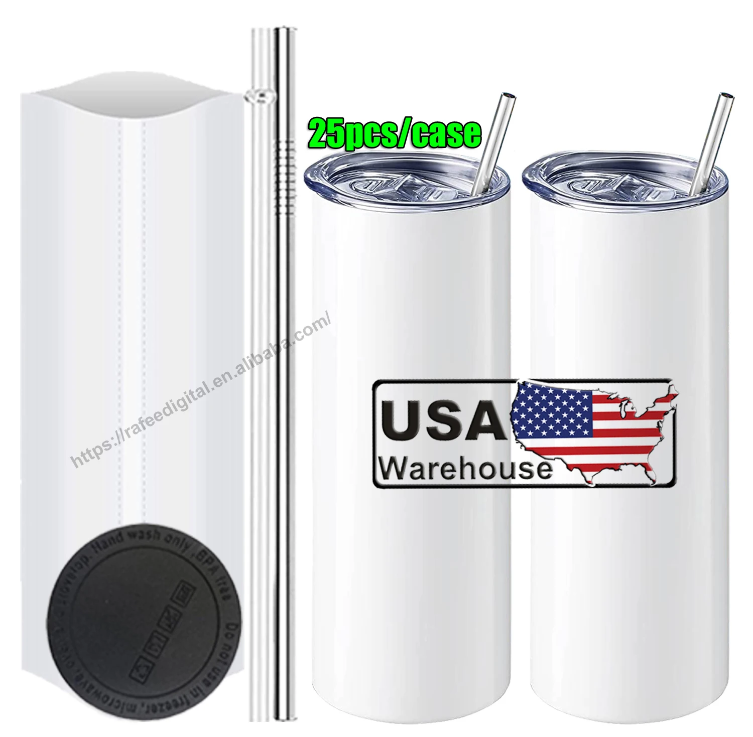 USA Warehouse Wholesale 20oz Skinny Stainless Steel Cups 20oz Straight Heat Press White Blanks Sublimation Tumblers with Straw