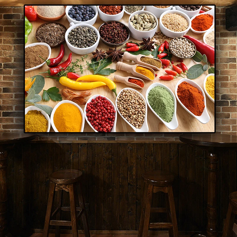 Grains Spices Spoon Peppers Kitchen Canvas Painting Wall Art Pictures Painting Wall Art for Living Room Home Decor