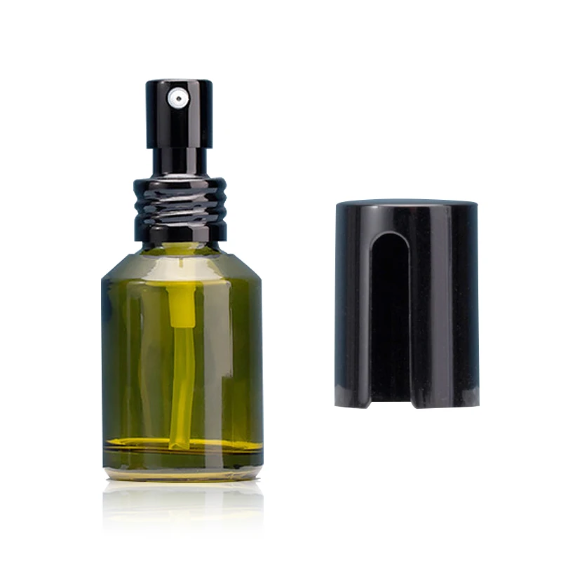 
luxury Minimum order allow black spray cap round shoulder 30ml green and brown plastic cosmetic pet bottle 