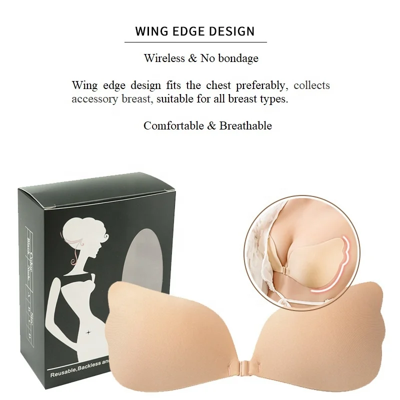 Sexy wing cloth cup seamless push up lift up front buckle invisible self adhesive silicone bra for wedding dress