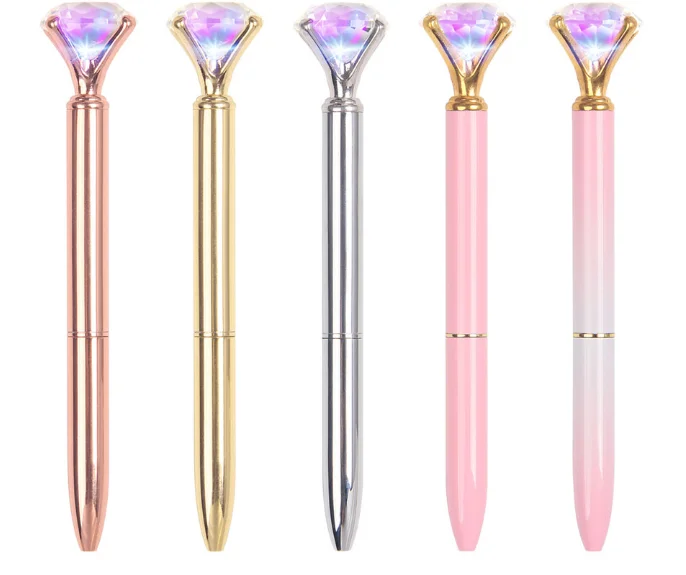 Promotional twist jewelled led big diamond crystal pen gem ballpoint pen wedding gifts metal ring light crystal ball pen