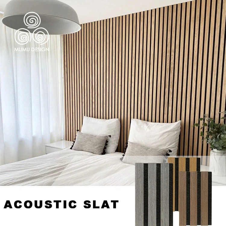 MUMU 3D Indoor Decorative Modern Wood Carved Sound Diffuser Wool Slat Plank Board Acoustic Wall Panel