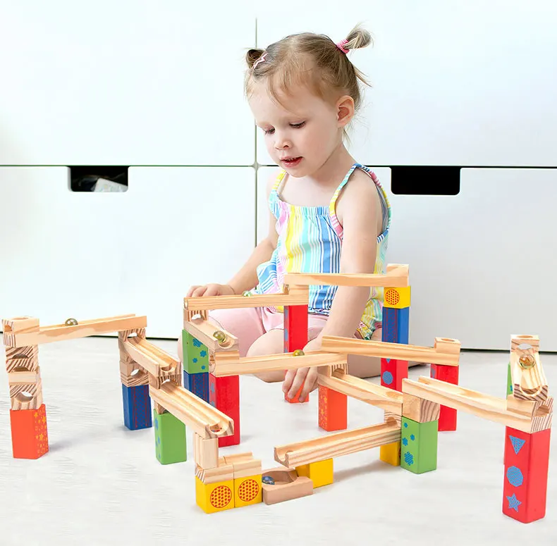 hot sale Montessori Educational Rail Toys Wooden Marble Race Maze Game Ball Track Stack Block Toy for kids