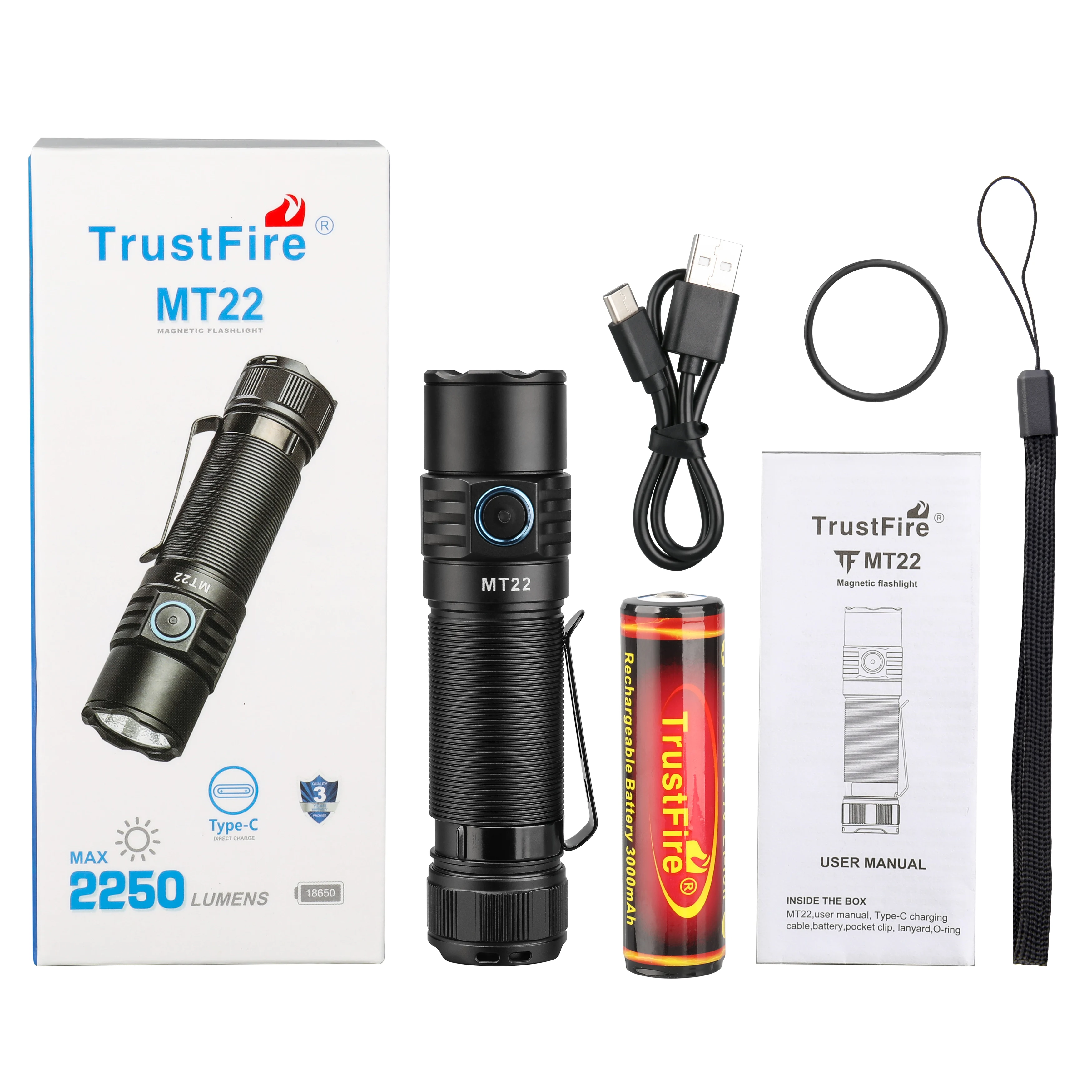 High Powered TrustFire MT22 2250LM EDC Maglite Flashlight 18650 USB C Portable Worklight