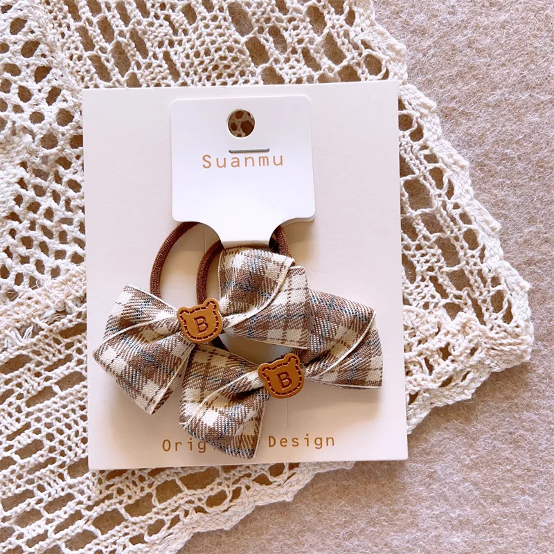 2023 Brown Color Hair Ornament Fancy Bow Hair Clips and Elastic Hair Band Sets Autumn and Winter Headpieces for Girls