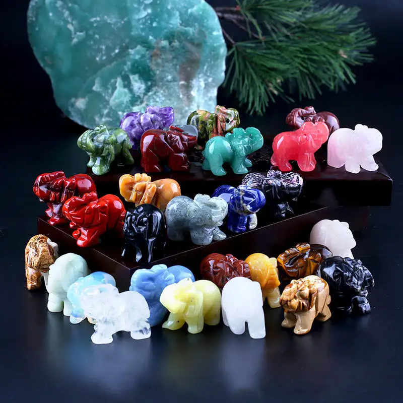 1.5 Inch Natural Gemstone Carved Elephant Rose Quartz Rock Crystal Healing Statue Figurine Crafts Elephant Crystal Statue