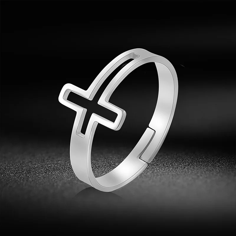 G3224 Wholesale Stainless Steel Simple Gold Plated Open Adjustable Religious Hollow Cross Finger Ring Fashion Jewelry Rings