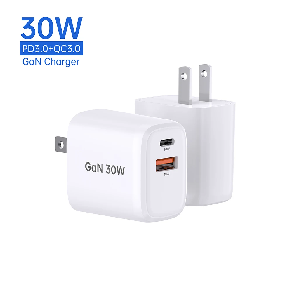 30W PD+QC3.0 2USB EU US Plug Quick Charge Type C Fast Charging Wall GaN USB C Charger 30W