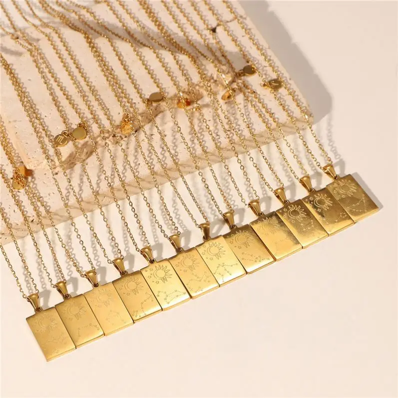 Personalized Astrology Square 12 Zodiac Tarot Card Jewelry 18k Gold Plated Stainless Steel Zodiac Sign Tarot Pendant Necklace