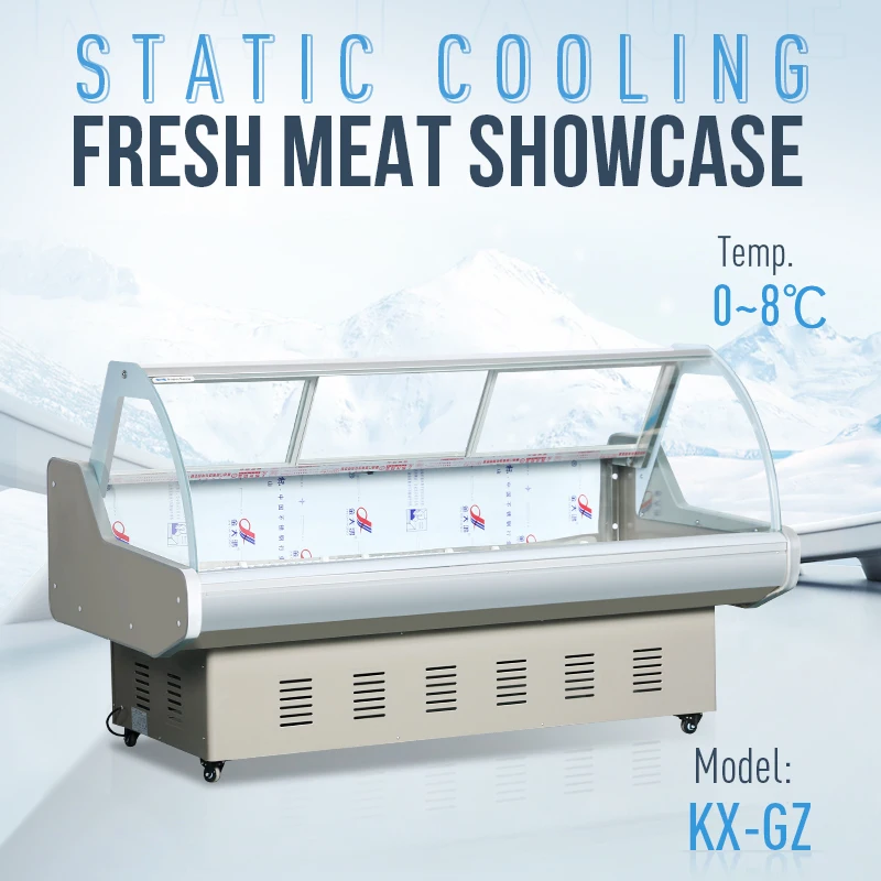 Curved front glass meat display refrigerator chiller supermarket equipment