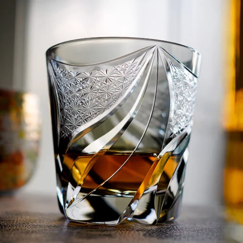 9 oz Japanese style Hand Cut To Clear Grey Whiskey Glass Tumbler Grey Rocks Glass Edo Kiriko Cocktail Glasses