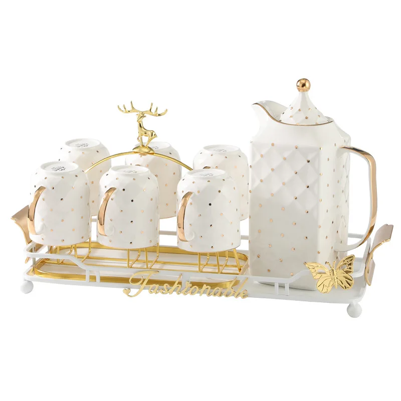 2024 new Exquisite Gold White Design Gift Wedding Coffee Cup Tea Sets High Quality Tea Pot Customize Design Colorful Ceramic Cup