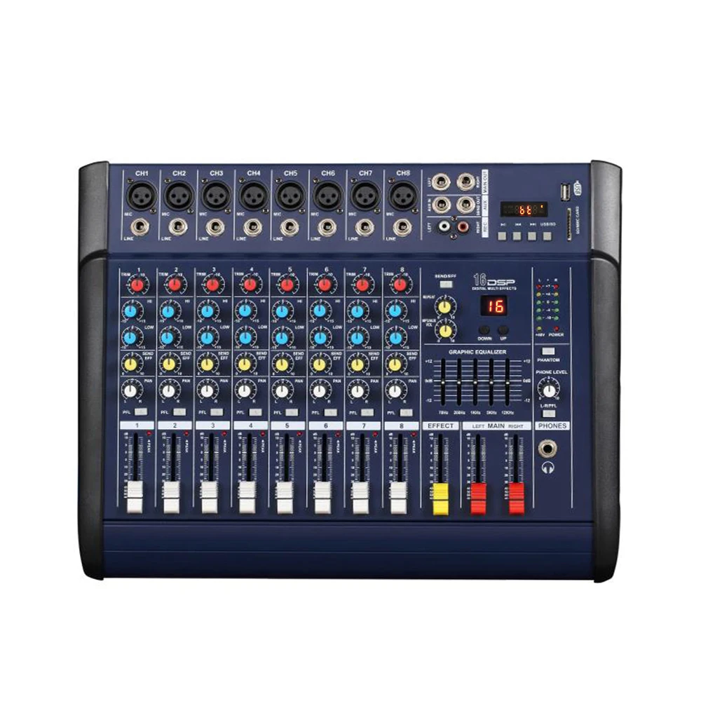 M802D 8 Channel Digital Audio Mixer Console Karaoke Microphone Sound Mixing Amplifier Built-in 48V Phantom Power With USB
