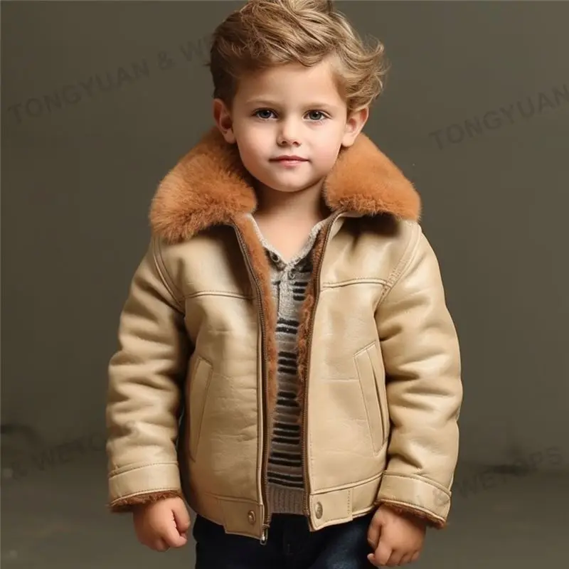 2024 New Arrivals Winter Boys Leather Jackets For Kids Fur Fleece Thick Coat Denim Jacket With Fur Collar Kids Faux Fur Jacket