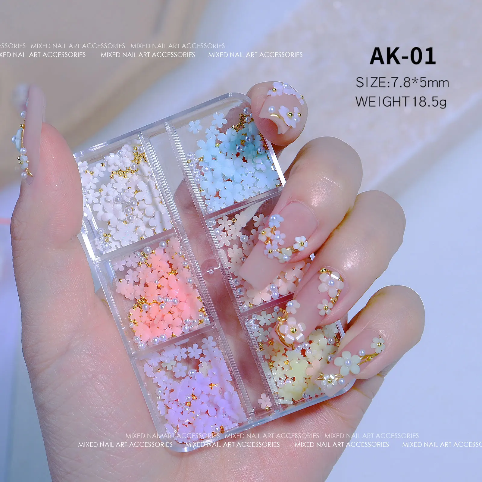 2022 New Magic Light Changing Small Flowers Resin Nail Art Decoration Box Mixed 3D Camellia Flower Bow Heart Nail jewelry