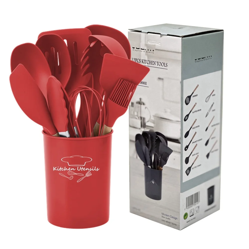 Eco-friendly hot selling 12pcs silicon kitchen utensil set with bucket cooking utensil with wood handle
