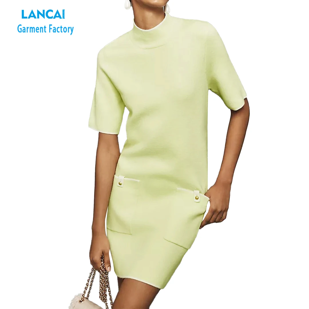 Custom Slim Fit Thick Women Midi Dress with Square Pockets and Metal Buttons at Back Fashion Wear