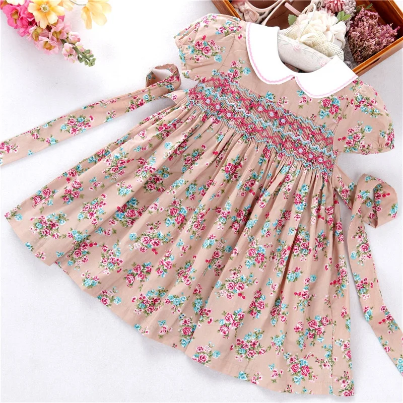 C06168 summer girlssmocked dresses for girls baby clothes long sleeve christmas summer children wholesale kids clothing