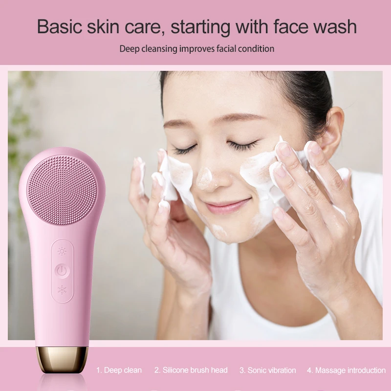 Silicone Cordless Electric Face Skin Scrubber Home Use Hot and Cold Facial Cleaning Brush