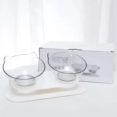 Cute Clear Cart Face Shape Double Cat Bowl Titling Neck Protection Cat Feeding Drinking Bowl Sets