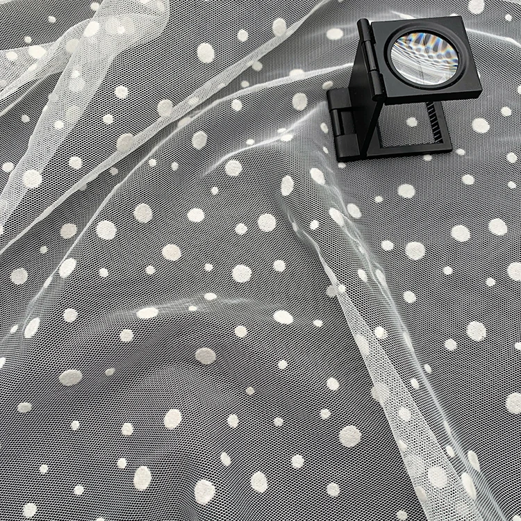 Custom white big and small polka dot mesh fabric flocking fabric