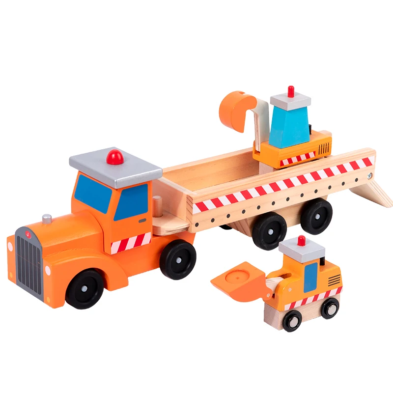 Wooden Truck Toy Set with Big Truck Small Shovel Truck and Excavator Bright Colors Wooden Construction Site Vehicle Carrier