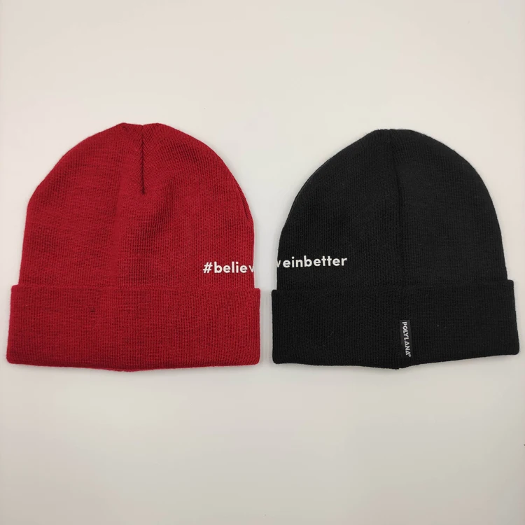 Adult knitted beanie double layers with customer rubber print