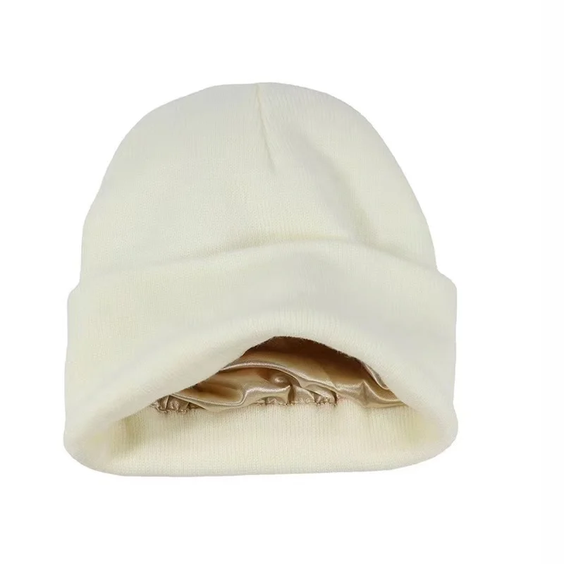 Winter Silk Satin Lined Beanie Hat Cuffed Plain Custom Logo Label Warm Knitted Winter Hats Beanies for Women Men