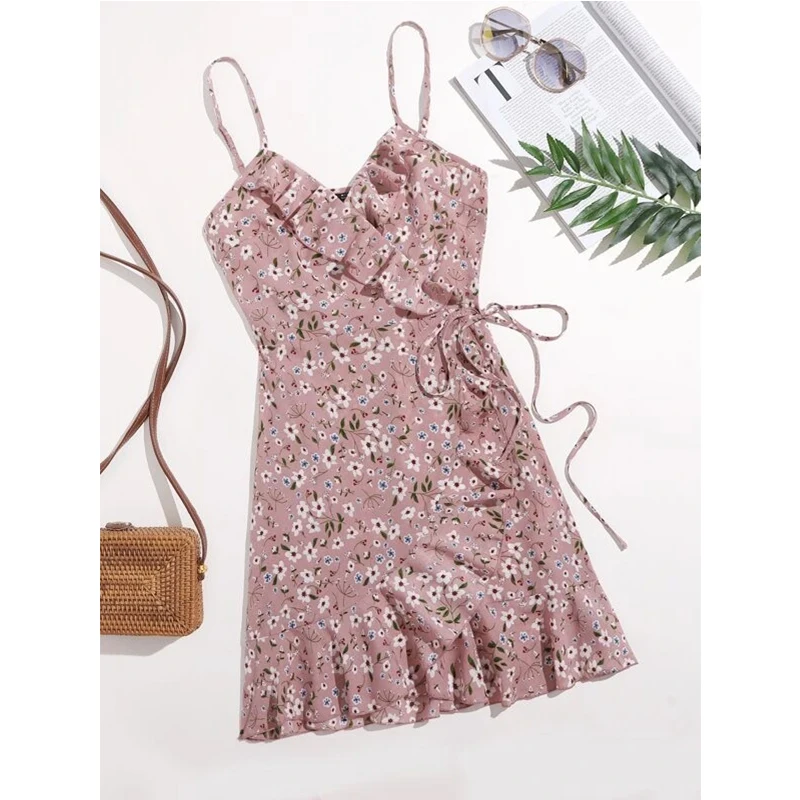 
New Arrivals Shein Women Clothing Hot sale Womens Deep V Ditsy Floral Printed Tie Side Ruffle Trim Wrap Cami Dress 