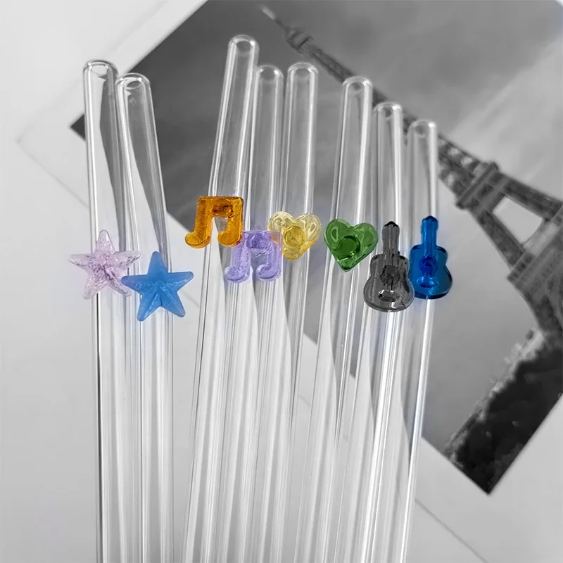 Multi-color Reusable special-shaped  Glass Drinking Straw with design Tipical Straw  with Guitar  Viertelnote