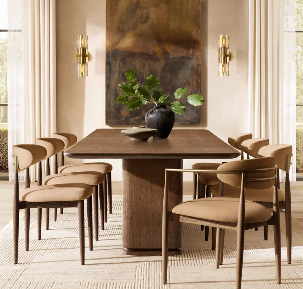 Sassanid OEM Midcentury Modern Design Brown Oak Brass American Dining Room Arno Fabric Dining Chair