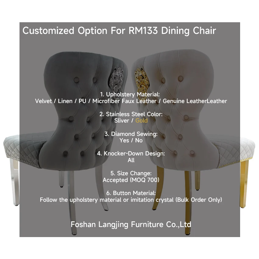 Lion ring knocker back stainless steel dining chair design for kitchen and dining room chairs