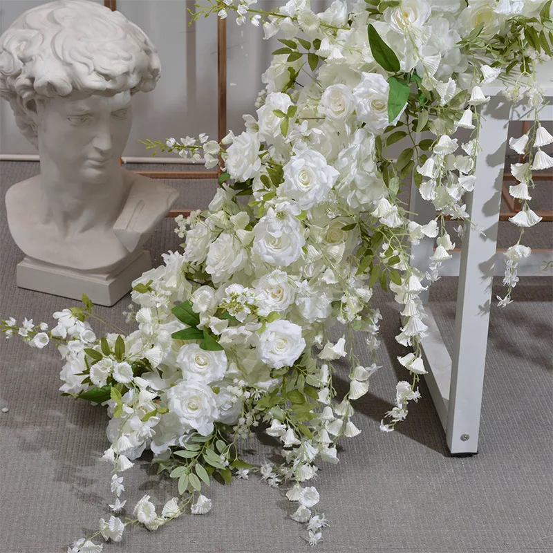 customize Wedding Props White Flowers Runners Flower Rows Artificial Flowers Table Runner For Wedding