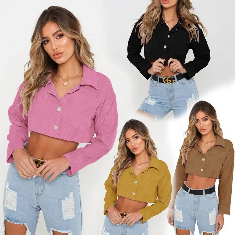 
Pink Khaki Black Brown Loose Fashion Long Sleeve Ladies Girls Female Casual Short Coat Overcoat Women Corduroy Cropped Jacket 