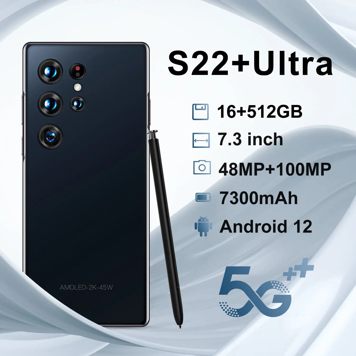 Hot Sell 5G Android 12 HD Camera 7.3Inch 16GB+512GB SmartPhone Face iD Unlock Mobile Phone S22 Ultra Telephone
