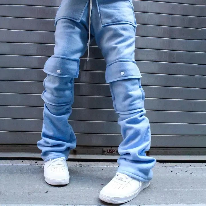 Hip-hop Streetwear custom winter fleece jogger sweat pants multi pockets stacked sweatpants for  men