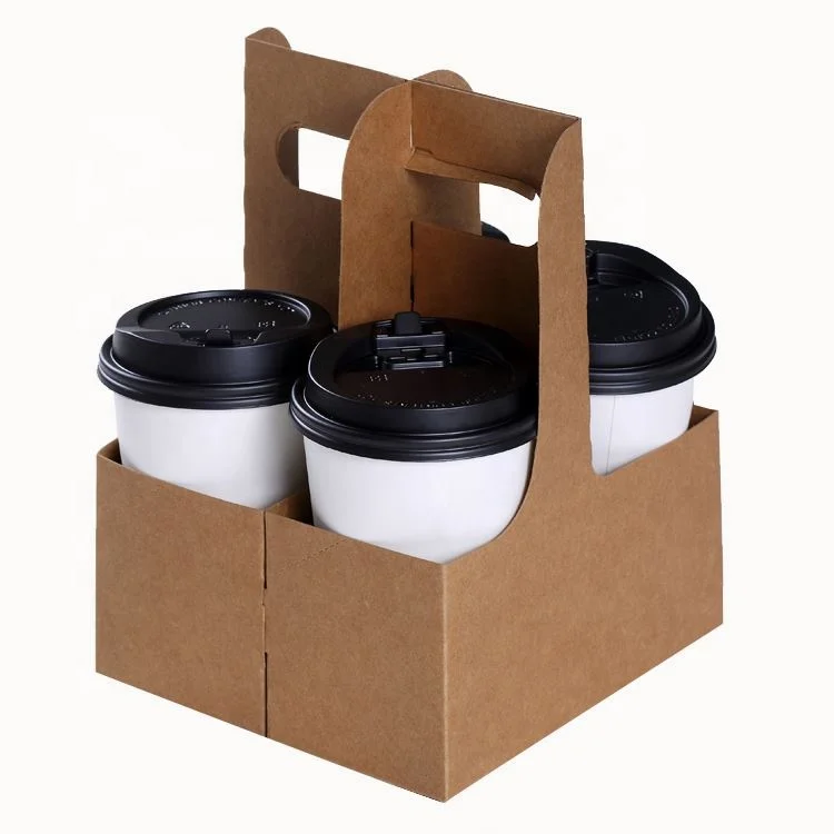 custom logo kraft folding take out drinks carriers coffee cup holders flat shipment 2-pack 4-pack 6-pack customized drinks cases