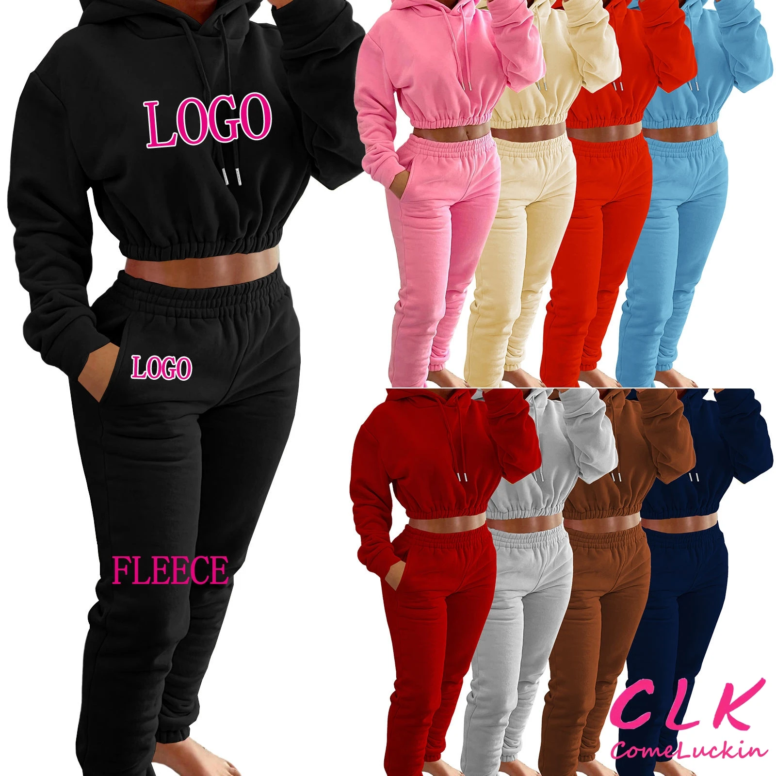 Clothing manufacturers custom Crop Top Hoodie Women 2 Piece Set Jogger Women Fleece Thick Cotton Sweat Suit Tracksuit