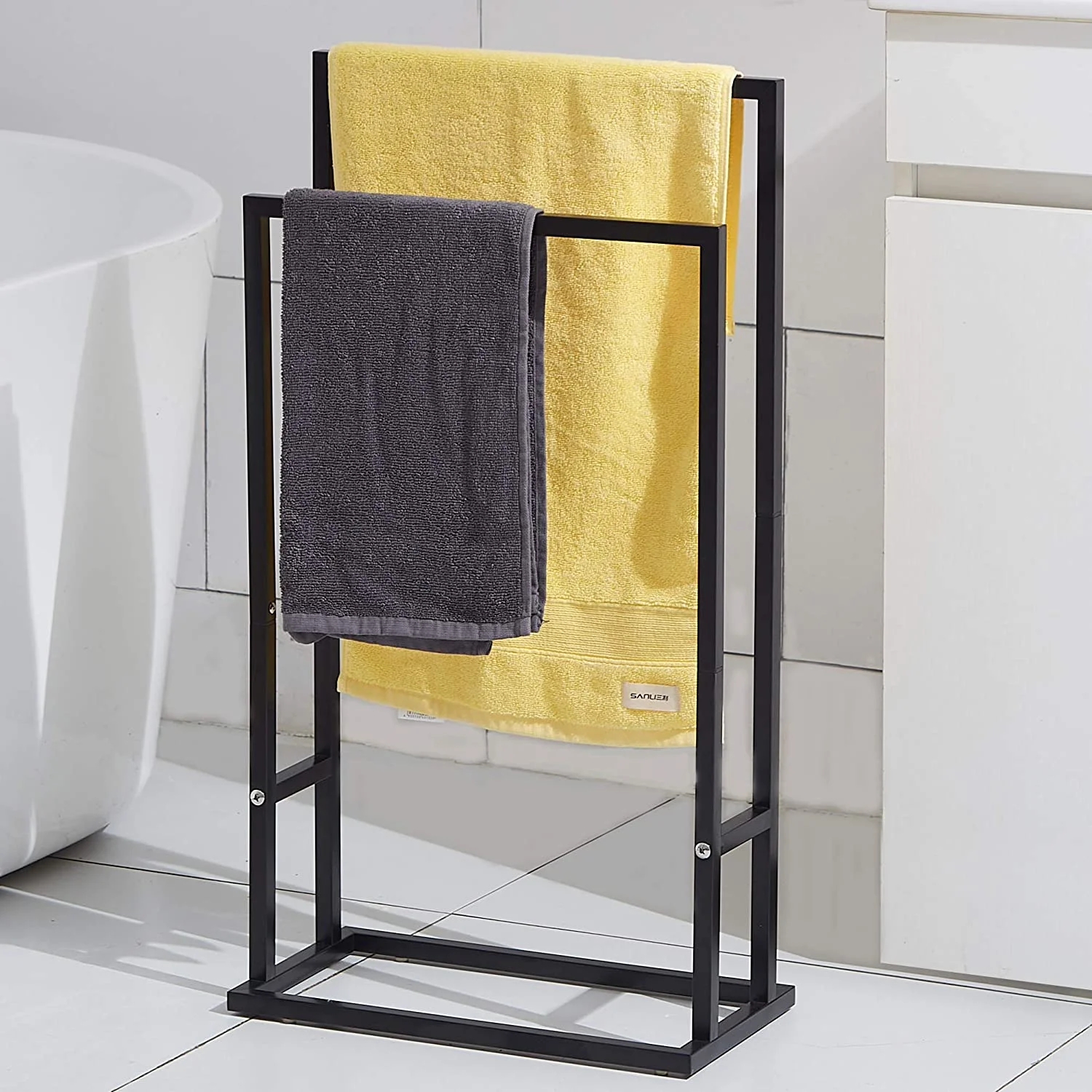 Bathroom Accessories Modern Free Standing 2 Tier Metal Black Towel Holder Rack