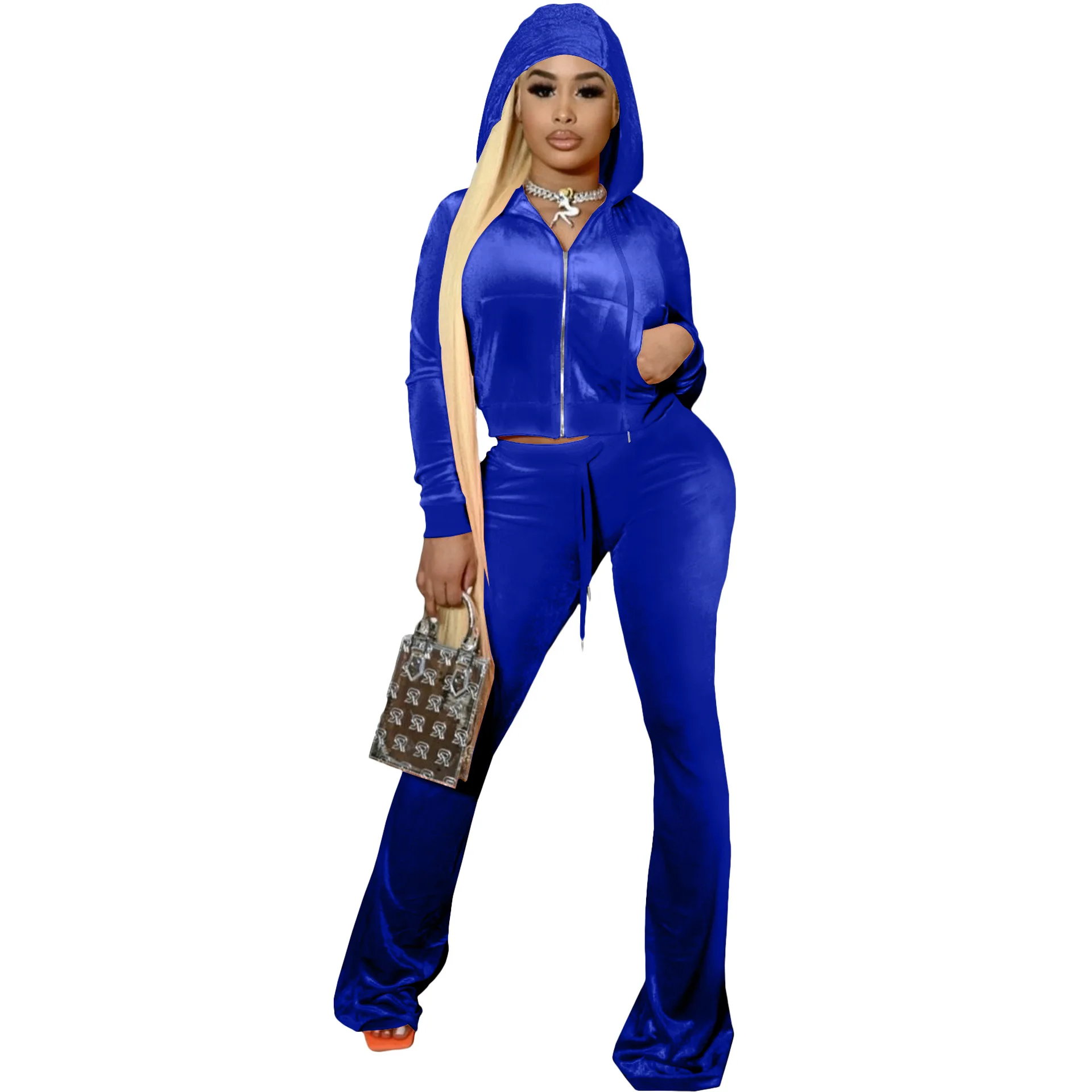 Velvet Tracksuit Women Autumn Winter Clothes Zip Hooded Crop Top Pants Casual Streetwear Two Piece Set