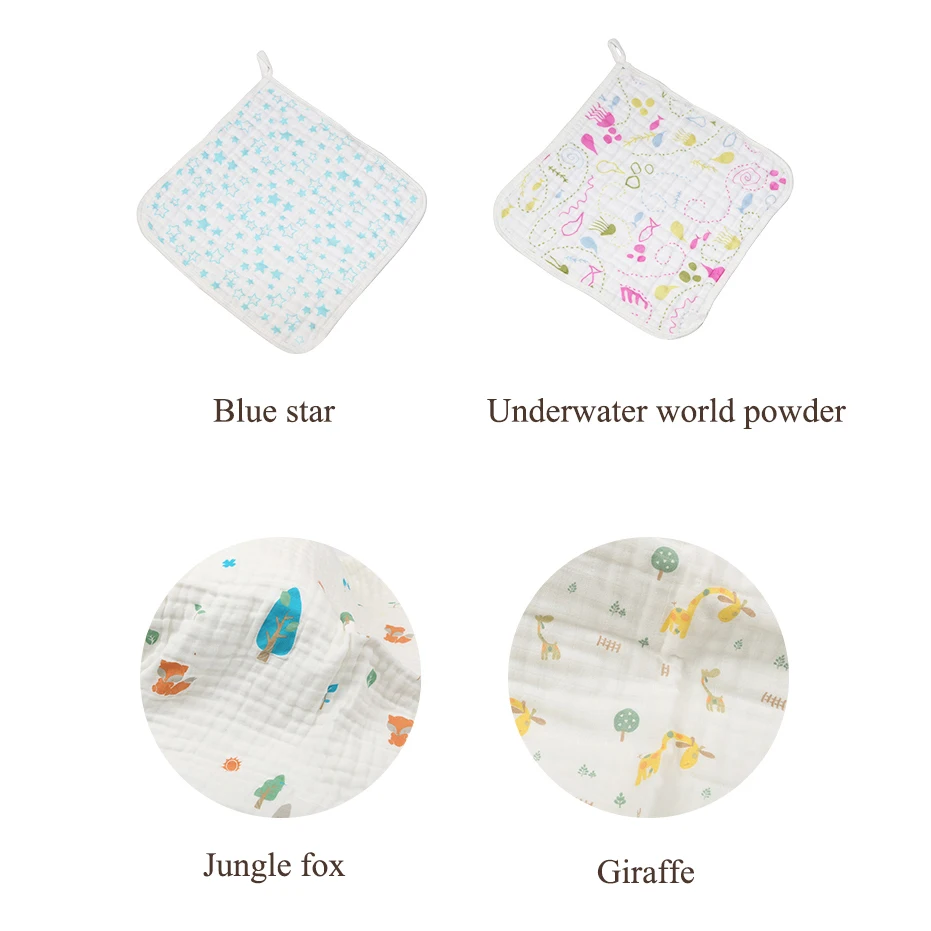 6-Layer Comfortable Cotton Gauze Baby Square Towel Cheap Stock Animal Floral Vintage Character Plant Hand Woven Hook Technique