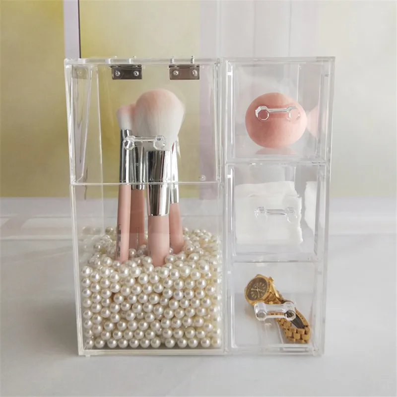 Wholsale Covered Makeup Brush Holder Pearls with Dustproof Lid Acrylic Clear Cosmetic Brush Jewelry Storage Organizer