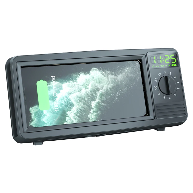 
Старый ТВ Дизайн 10 Вт Беспроводное зарядное устройство 2021 Новейшие Многофункциональные часы BT динамик Беспроводное зарядное устройство для всех телефонов 