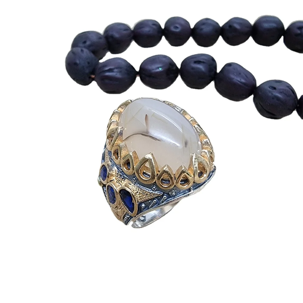 925 Sterling Silver Huge Handmade Aqeq Ring Turkish for Men Trendy Ring Accessories Gift for man Traditional Sulemani Men Ring