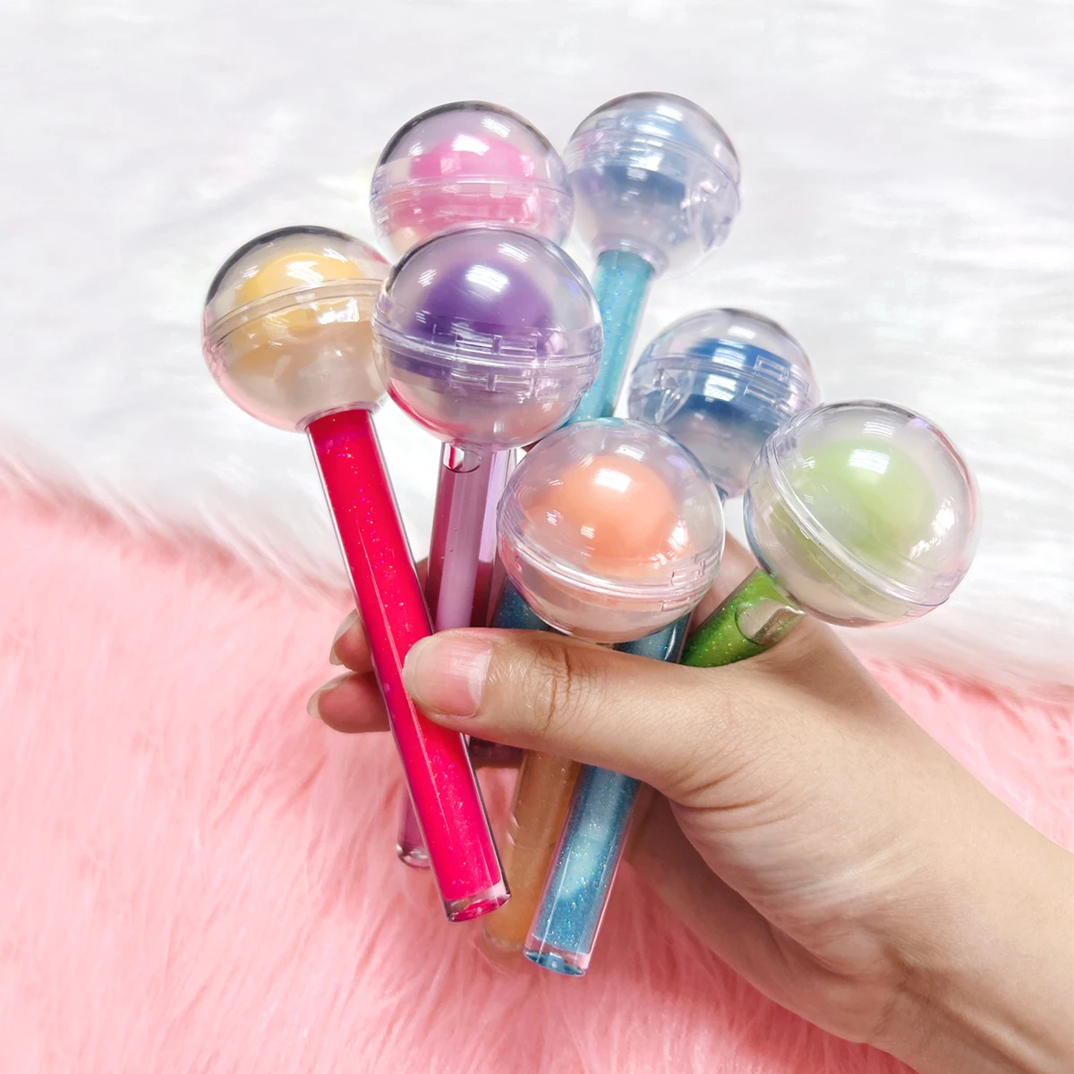 Private Label Clear Custom Fruit Glitter Make up Wholesale Kids Lip Oil Set Lollipop Lip Balm Vegan Lip Gloss