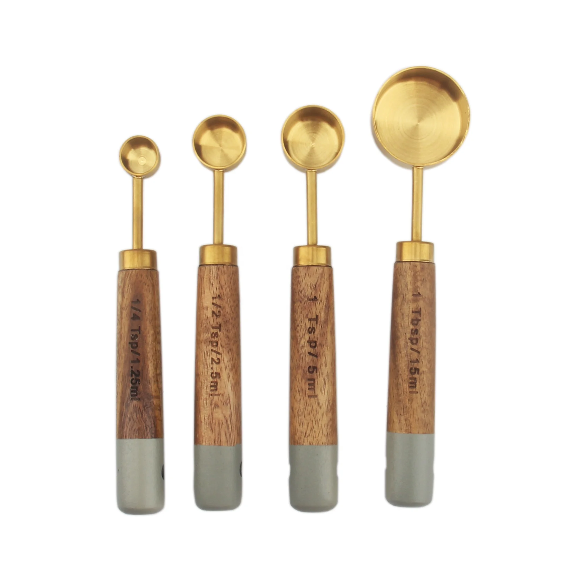 High Quality Gold Baking Measuring Cup Stainless Steel for Kitchen Tool Acacia Wooden Handle Spoons Set