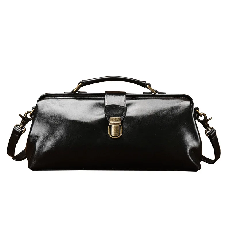Large Size Vintage Pillow Black Red Wax Leather Doctor Bag Cross Body Boston bag Genuine Cow Leather Handbag For Women