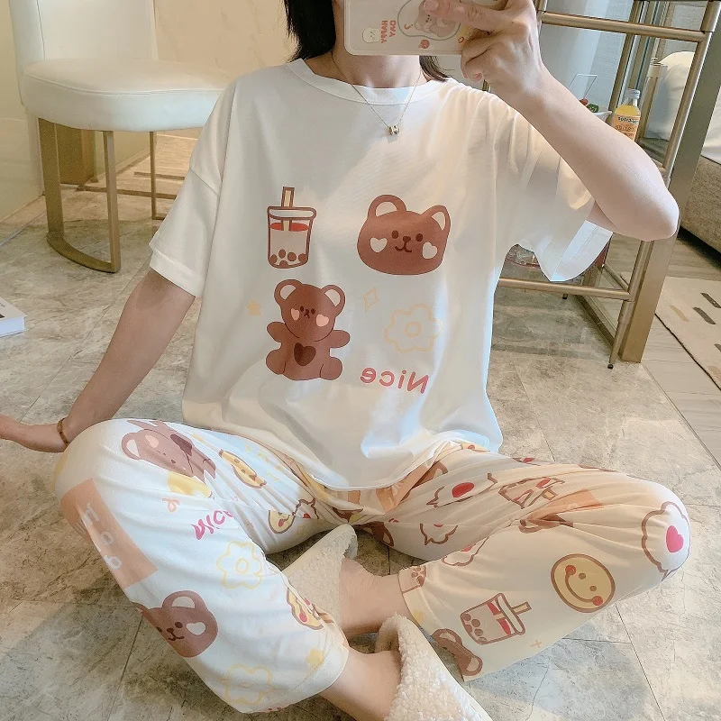 Wholesale cartoons printed short sleeves pajamas milk silk two piece set sleepwear Korean cute casual night wear for lady
