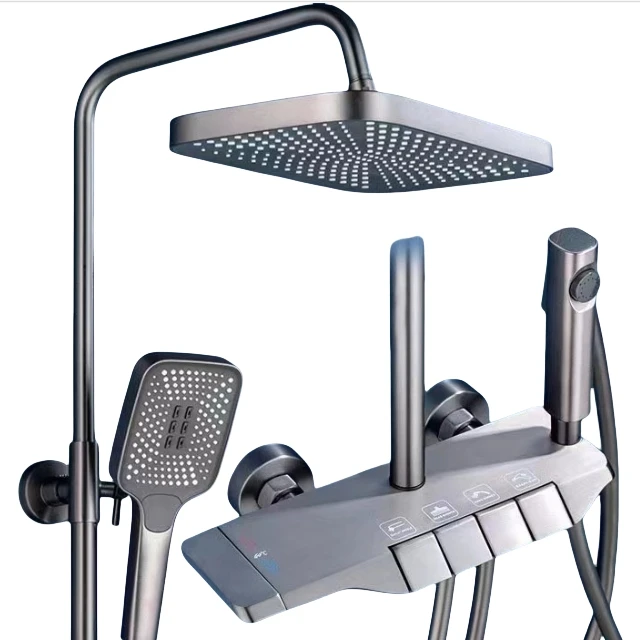 2024 Wall-mounted Black Piano Thermostatic Faucet Mixer Shower Set Digital Bathroom Brass Modern Oval Waterfall Faucet Polished