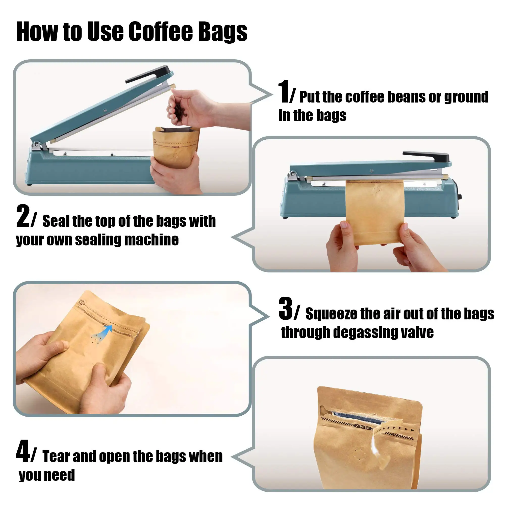 Flat Bottom Pull Tab Zipper compostable Natural Kraft coffee bags valve